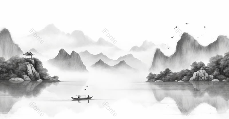 黑白色调山水水墨风湖面背景图,插画/手绘图,插画/手绘图库,插画/手绘图下载,插画/手绘